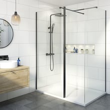 Diamond Walk In Shower Screens with 1400 x 700mm Non Slip Tray & Hinged Return Panel - 8mm Black Price Comparisons | Compare The Build