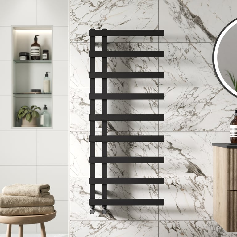 Black twin valve designer towel radiator