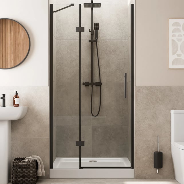 diamond-frameless-hinged-shower-door-1000mm-with-raised-anti-slip-tray-waste-8mm-black