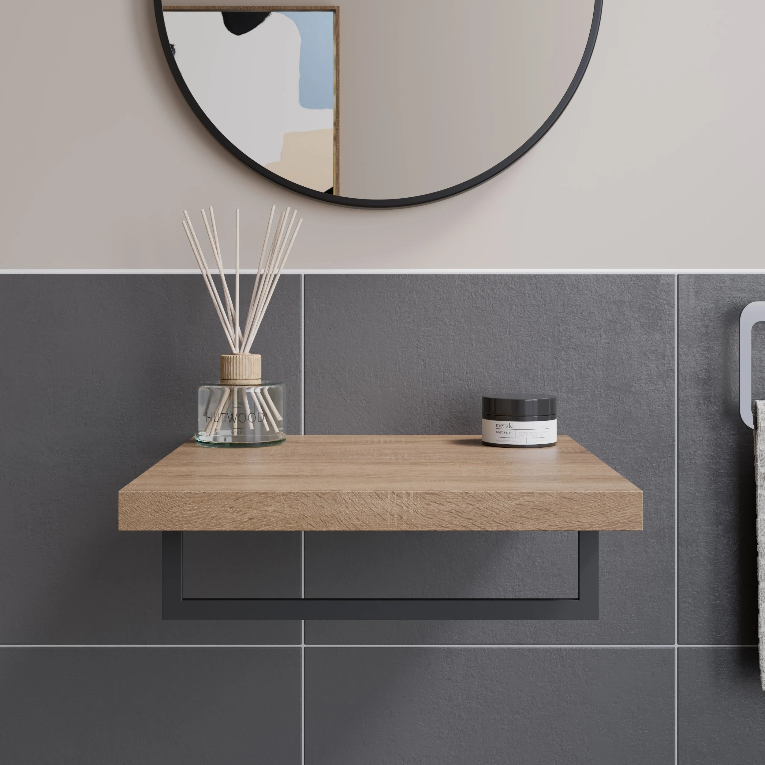 Wall Hung Bathroom Vanity Unit - 500mm Floating Shelf With Black Basin & Towel Rail, Oak Wood Finish, Made In Italy-794091
