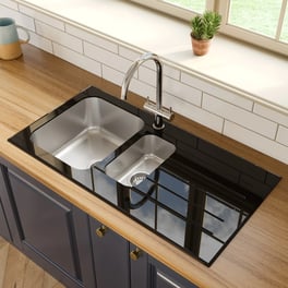 Sauber 1.5 Bowl Kitchen Sink with Black Glass Drainer