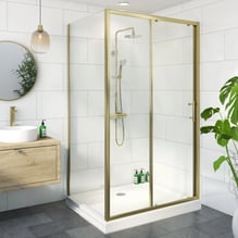 Luxura Sliding Shower Enclosure 1400 x 760mm with Raised Non Slip Tray and Waste - 6mm Brushed Brass Price Comparisons | Compare The Build