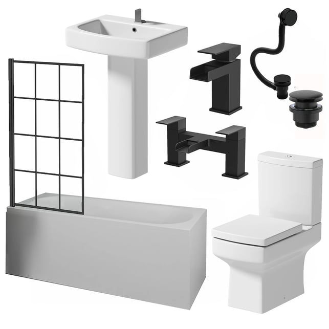 affine-royan-black-bathroom-suite-with-single-ended-shower-bath-1700-full-pedestal-basin