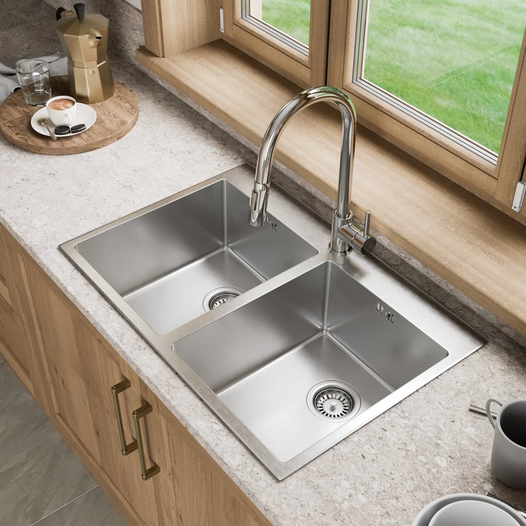 Sauber Inset Double Stainless Steel Kitchen Sink & Drainer Basket