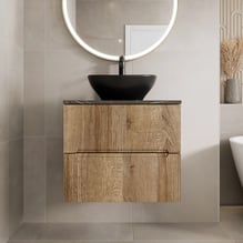Vitusso Fluted Wood & Grey Wall Hung Bathroom Vanity Unit with Oval Basin, Black 600mm Price Comparisons | Compare The Build