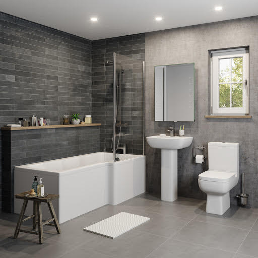 Amelie Bathroom Suite with L Shape Shower Bath 1700mm, Toilet & Basin
