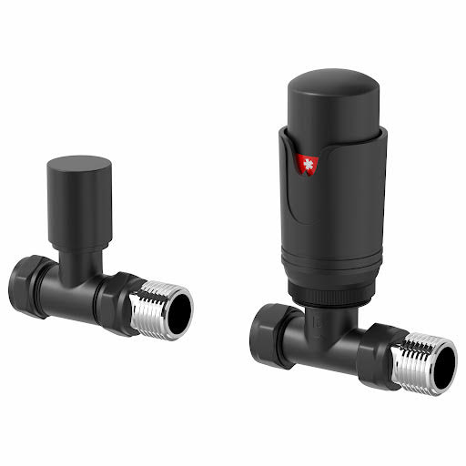 DuraTherm Straight Black Thermostatic Radiator Valve Pack - 15mm