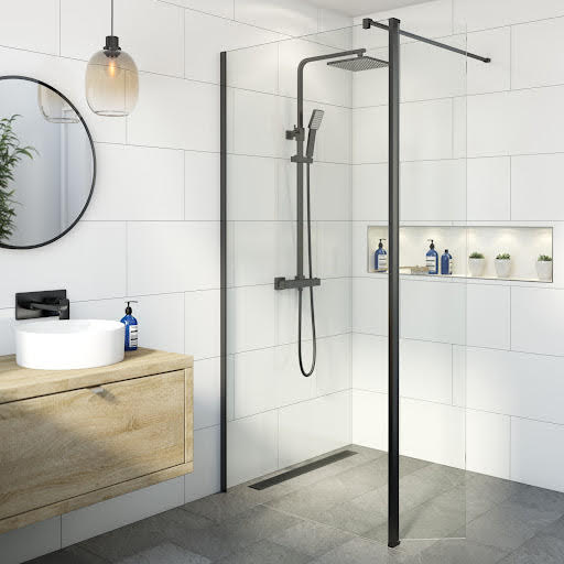 Diamond Wet Room Shower Screen 1200mm with Hinged Return Panel - 8mm Black