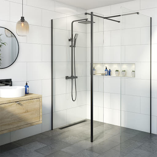 Diamond Wet Room Shower Screens with 1400 & 800mm Panels & Fixed Return Panel - 8mm Black