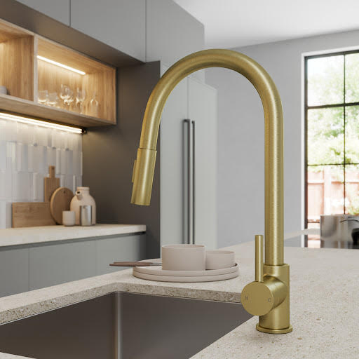 Sauber Carena Pull Out Kitchen Tap with Dual Spray - Single Lever Brushed Brass