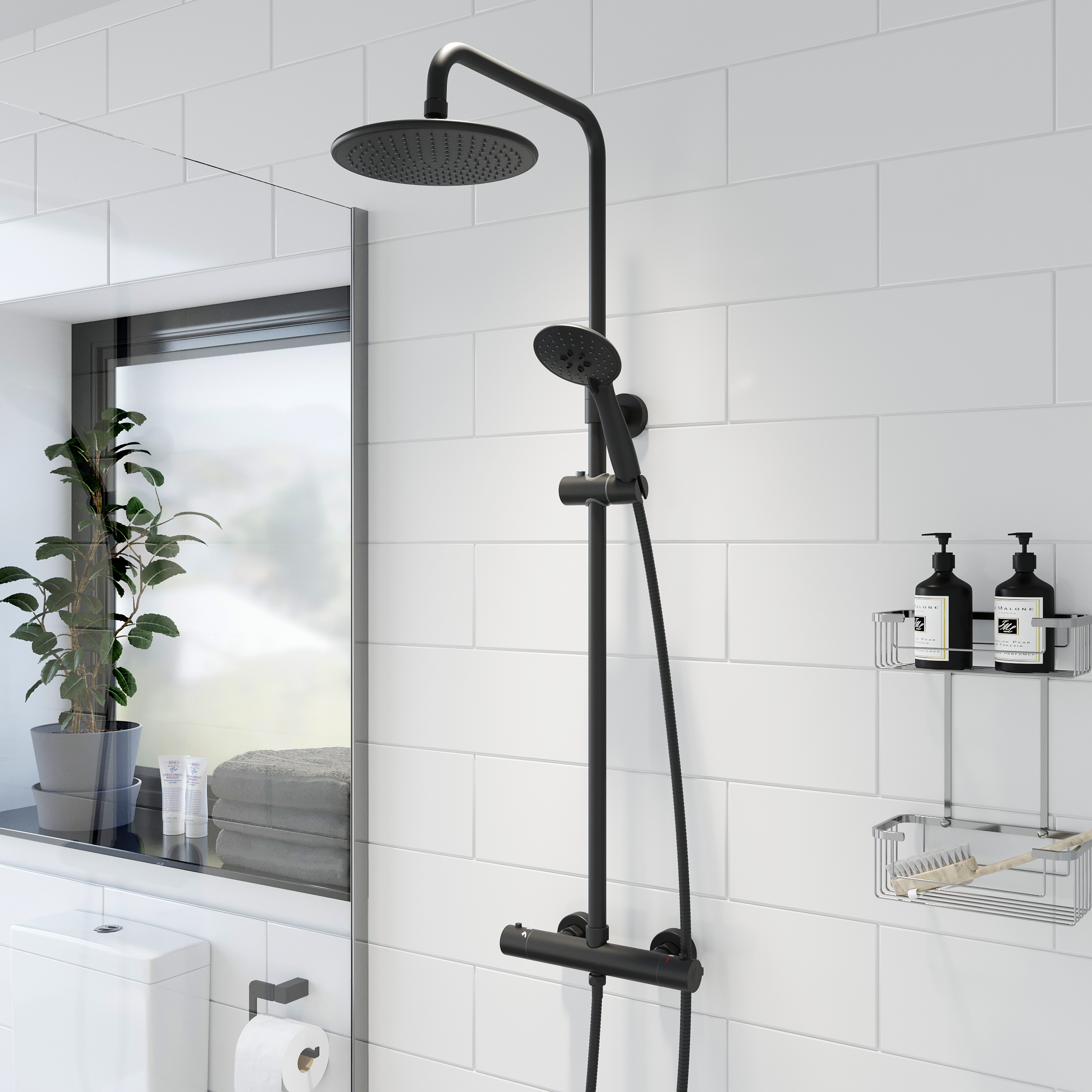 Bathroom Thermostatic Mixer Shower Set Round Matte Black Twin Head