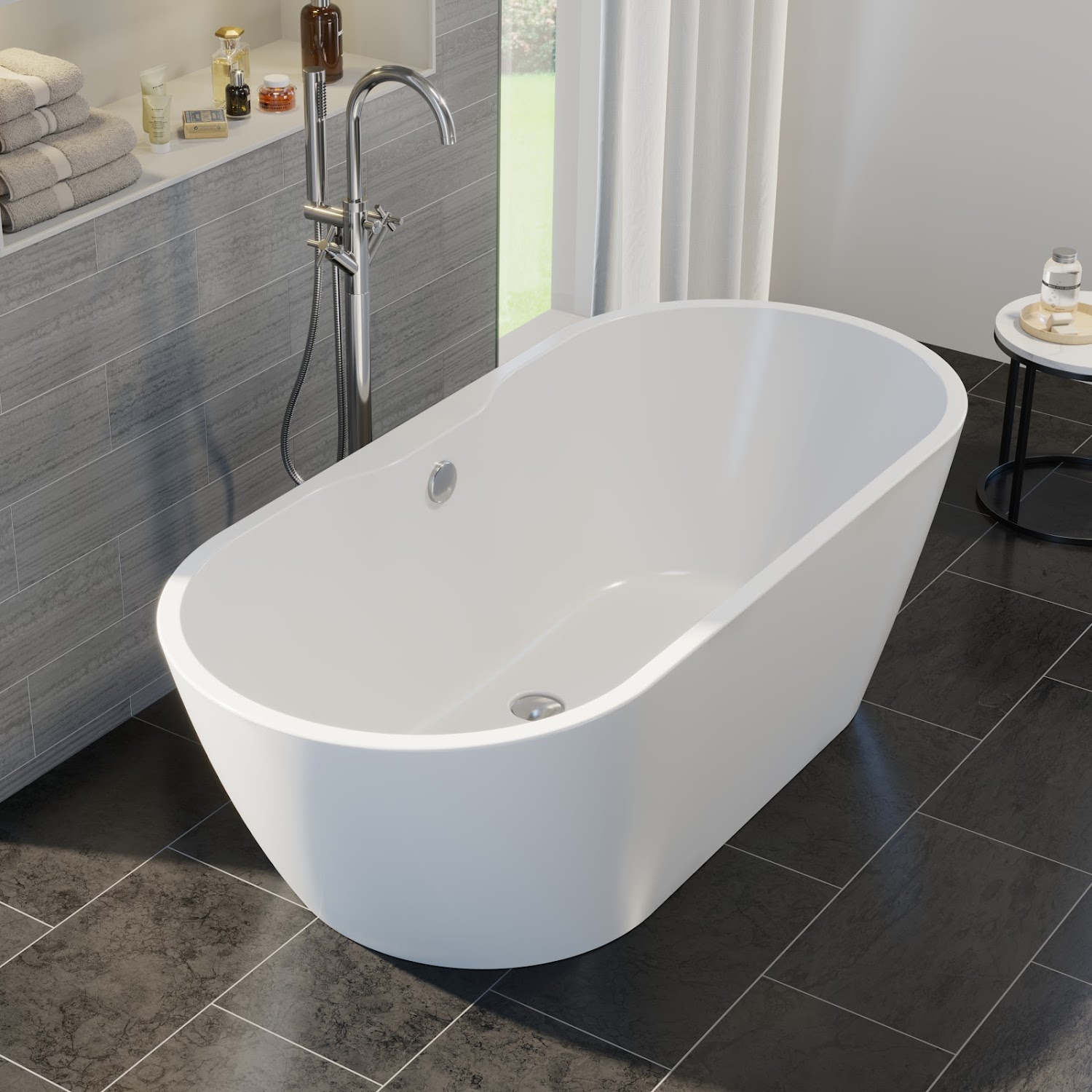 1650 Luxury Modern Freestanding Bath Double Ended Built in Waste White