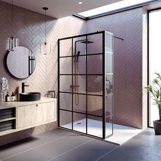 Diamond Grid Wet Room Shower Screen with 1200mm Panel & Fixed Return Panel - 8mm Black