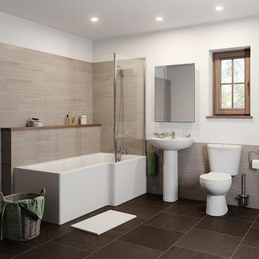 Essentials Bathroom Suite with L Shape Shower Bath & Screen - Right Hand 1700mm