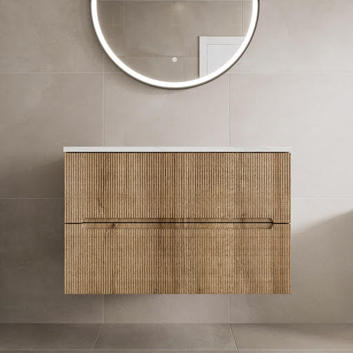 Vitusso Fluted Wood Wall Hung Bathroom Vanity Unit without Basin 800mm - White Marble Top