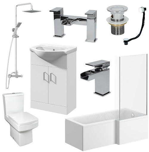 Affine Royan Bathroom Suite with 1700mm RH Bath, Toilet, Vanity Unit, Taps, Shower, Screen & Waste