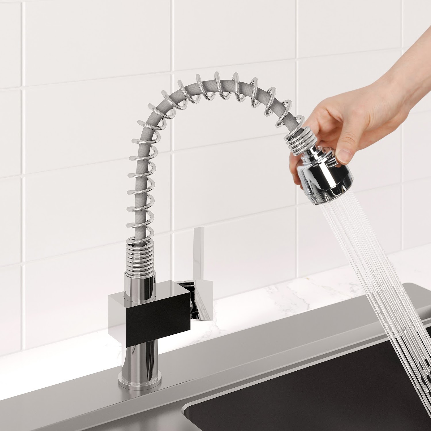 Modern Mono Kitchen Mixer Tap Pull Out Spray Square Lever Swivel Spout