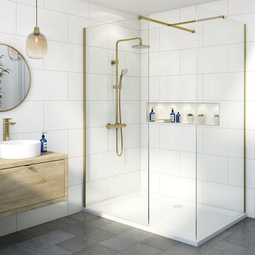 Diamond Walk In Shower Screens with 1400 x 700mm Non Slip Tray - 8mm Brushed Brass