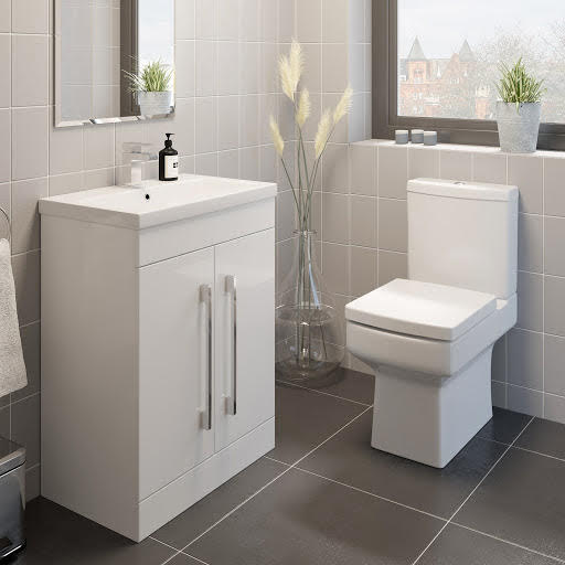 Royan Close Coupled Toilet & Artis White Gloss Vanity Unit with Door 600mm