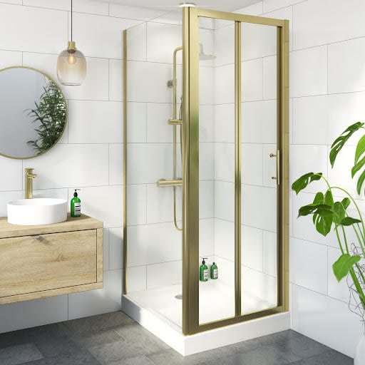 Luxura Bifold Shower Enclosure 800 x 800mm with Raised Non Slip Tray and Waste - 6mm Brushed Brass