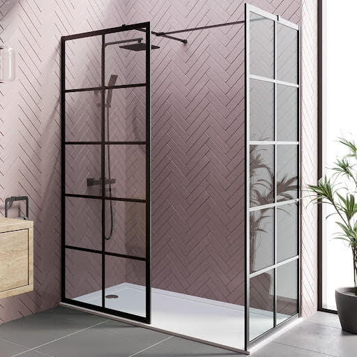 Diamond Grid Wet Room Shower Screens with 1000 & 800mm Panels - 8mm Black