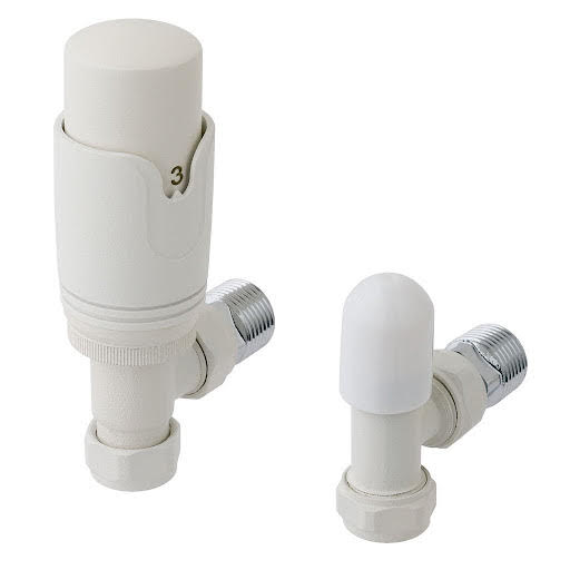 Solaro 15mm Thermostatic Angled Radiator Valve & Lockshield - Matt White
