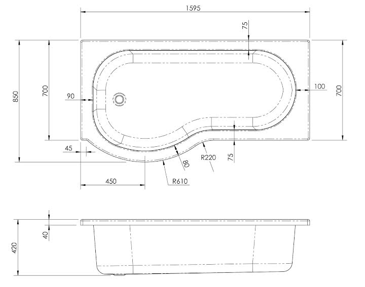 Ceramica P Shaped Bath Bundle 1600 Right - Inc. Shower Screen, Rail and ...