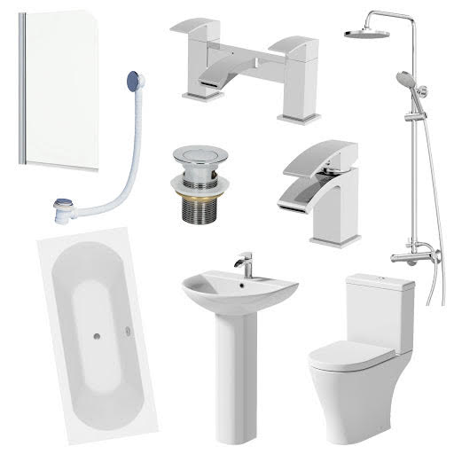 Arles Bathroom Suite with Double Ended Curved Bath, Taps, Shower & Screen - 1700mm