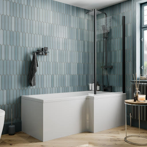 Ceramica L Bath Bundle 1500mm Right Hand - Including Black Shower Screen and Front & End Panels