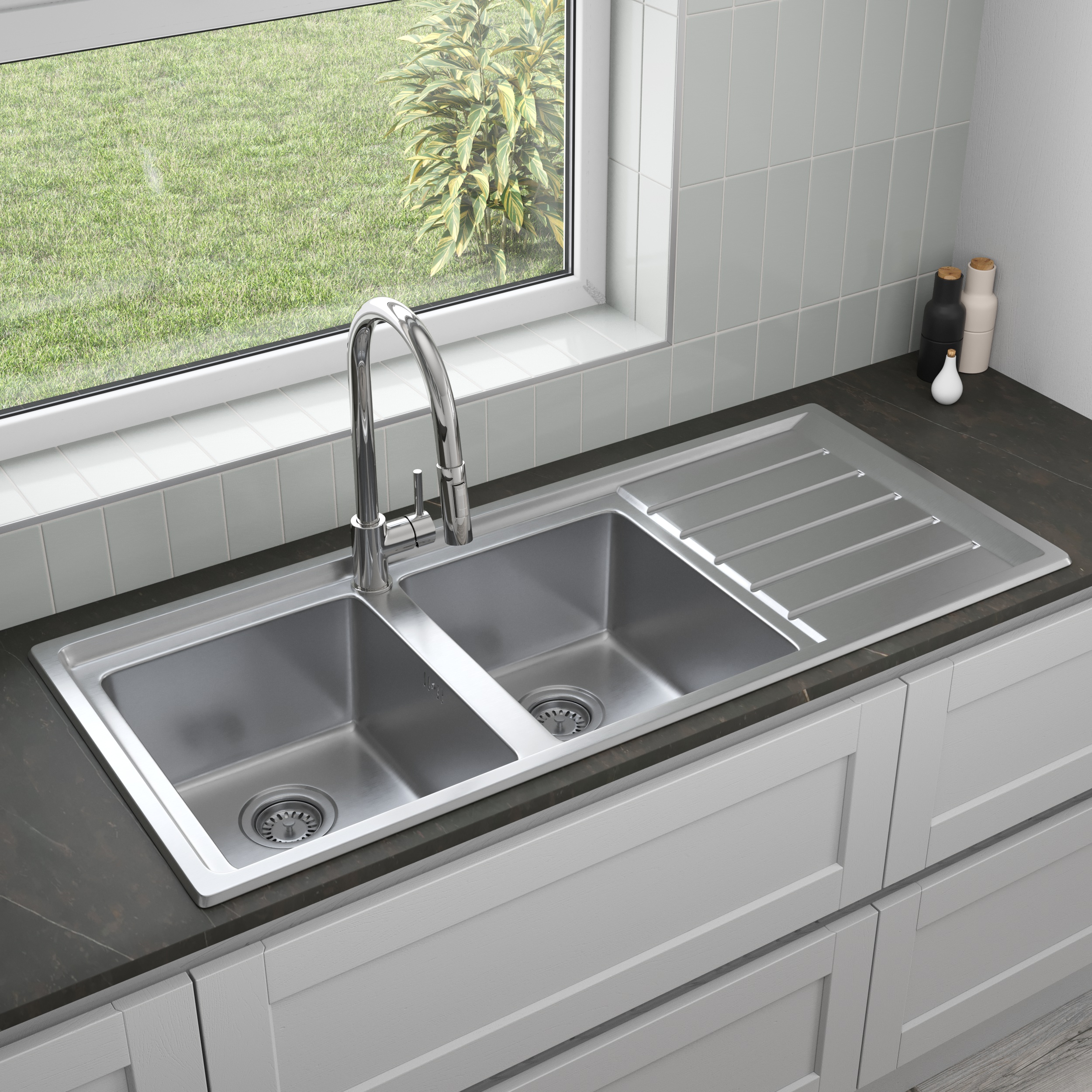 Stainless Steel 2 Double Bowl Kitchen Sink Square Inset Reversible