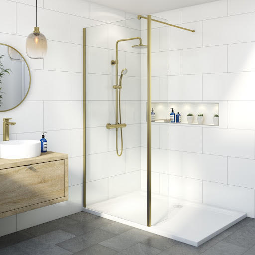 Diamond Walk In Shower Screen with 1400 x 700mm Tray & Fixed Return Panel - 8mm Brushed Brass