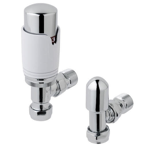 Solaro 15mm Thermostatic Angled Radiator Valve & Lockshield - Chrome & White