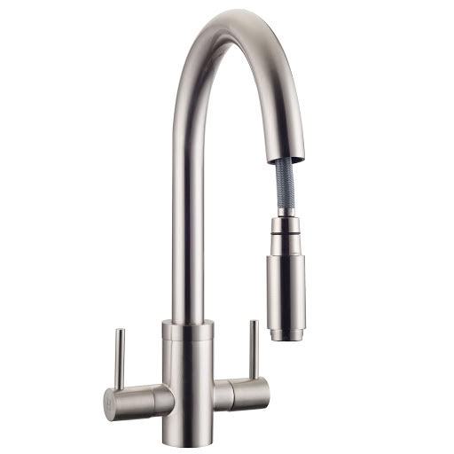 Essentials Dual Lever Kitchen Tap with Pull Out Spray Brushed