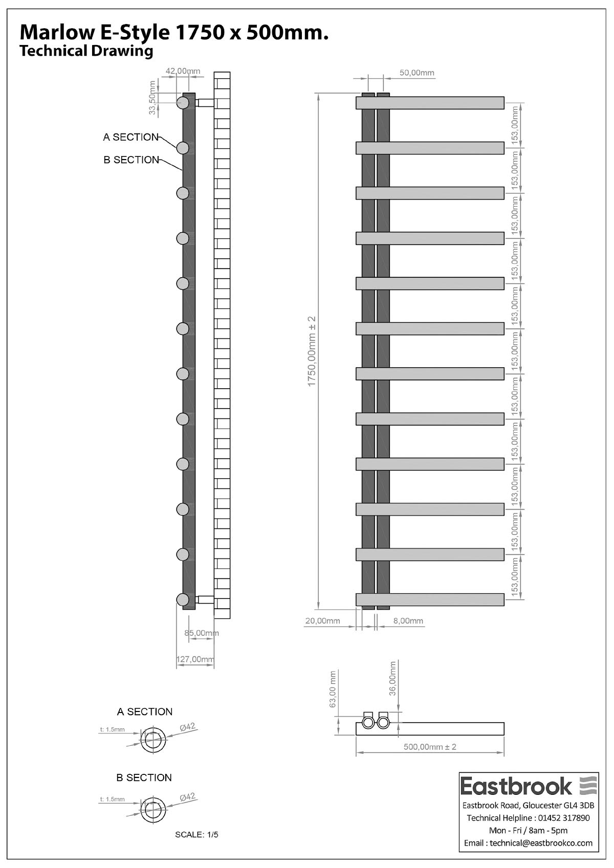 Solaro Marlow E-Style 1750 x 500mm Heated Towel Radiator - Matt White