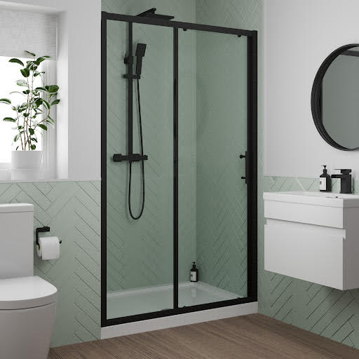 Luxura Sliding Door 1400mm with 1400 x 900mm Raised Non Slip Tray and Waste - 6mm Black