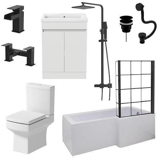 Affine Royan Black Bathroom Suite with 1700mm RH Bath, Toilet, Vanity, Taps, Shower, Screen & Waste