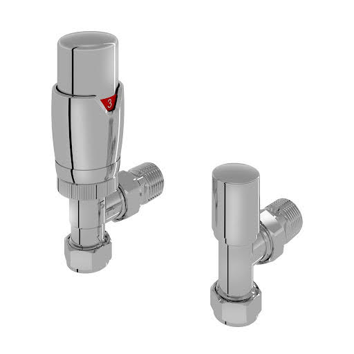 Solaro 15mm Designer Thermostatic Angled Radiator Valve & Lockshield - Chrome