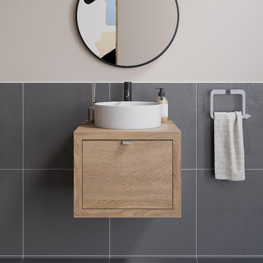 Vitusso Garda Wood Wall Hung Vanity Unit & Lyon White Countertop Basin