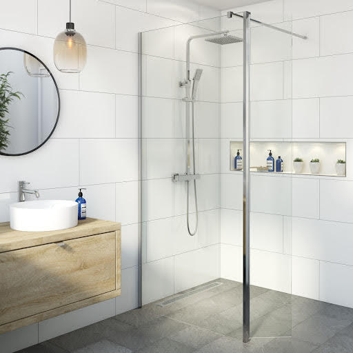 Diamond Wet Room Shower Screen 700mm with Hinged Return Panel - 8mm Chrome