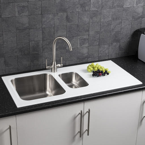 Sauber 1 5 Bowl Kitchen Sink With Black Glass Drainer