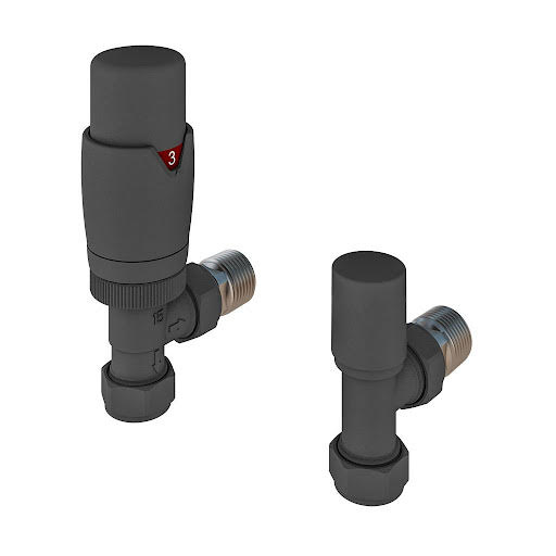 Solaro 15mm Designer Thermostatic Angled Radiator Valve & Lockshield - Matt Anthracite