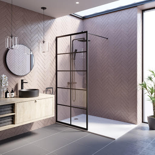 Diamond Grid Wet Room Shower Screen 900mm - 8mm Black