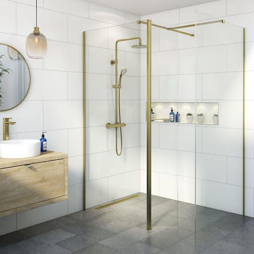 Diamond Wet Room Shower Screens with 1200 & 700mm Panels & Hinged Return Panel - 8mm Brushed Brass