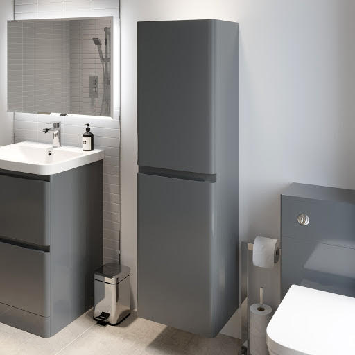 Regis Grey Gloss Wall Hung Tall Bathroom Cabinet - 1400 x 400mm