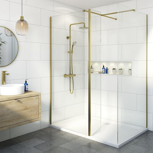Diamond Walk In Shower Screen with 1400 x 900mm Tray & Fixed Return Panel - 8mm Brushed Brass