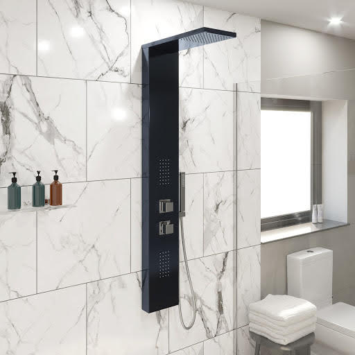 Merano Thermostatic Square Shower Tower Black Handset 2 Jets