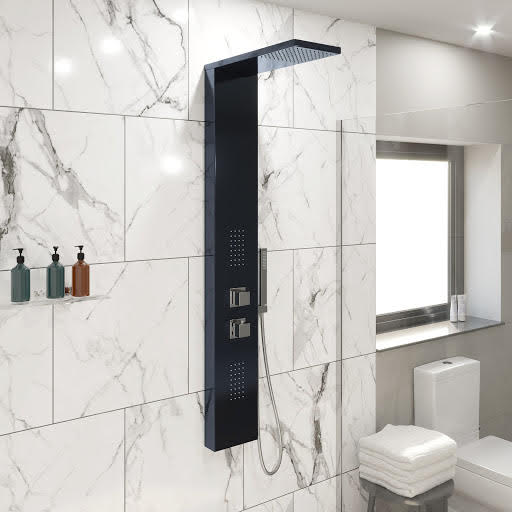 Merano Thermostatic Square Shower Tower Panel with Handset & 2 Body Jets - Mirrored Black