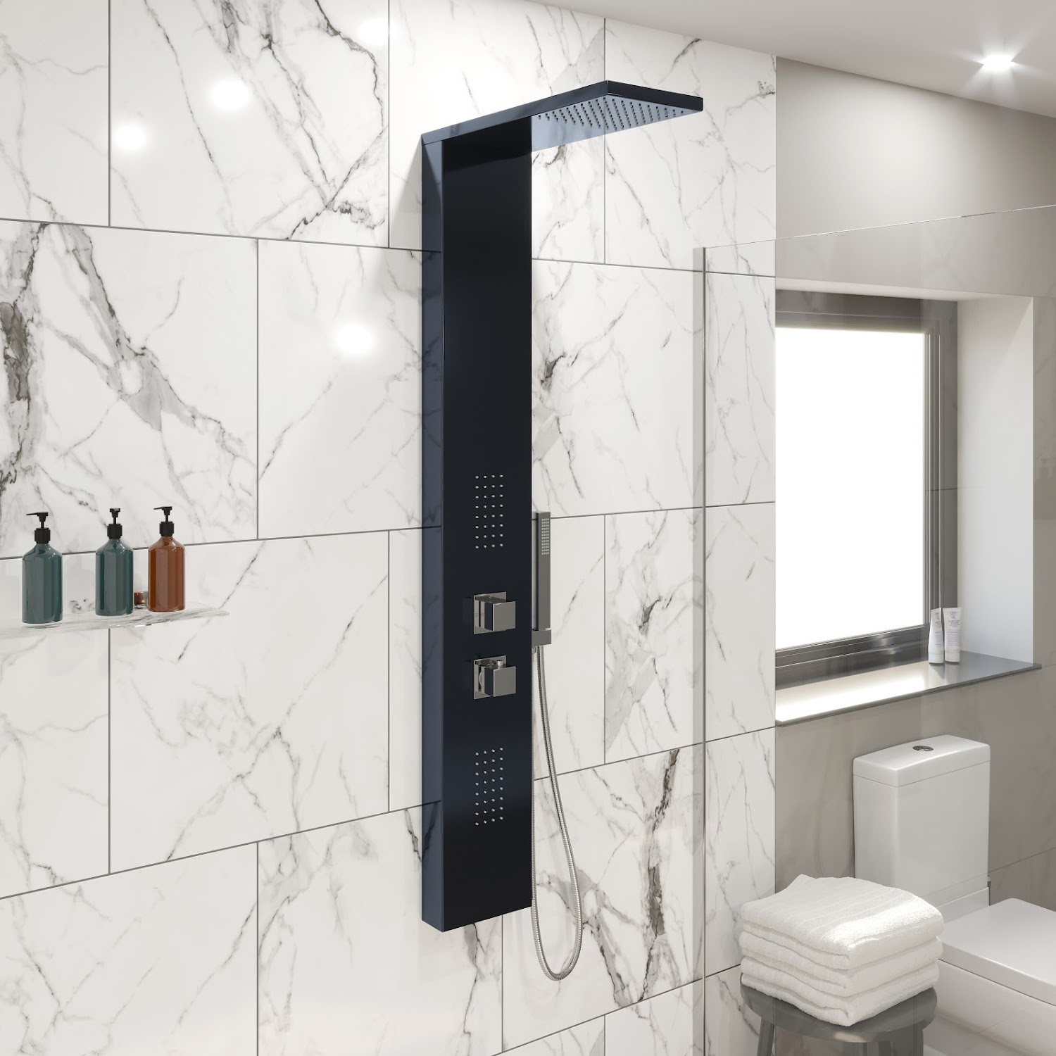 Thermostatic Shower Panel Column Tower Body Jets Twin Head Aluminium