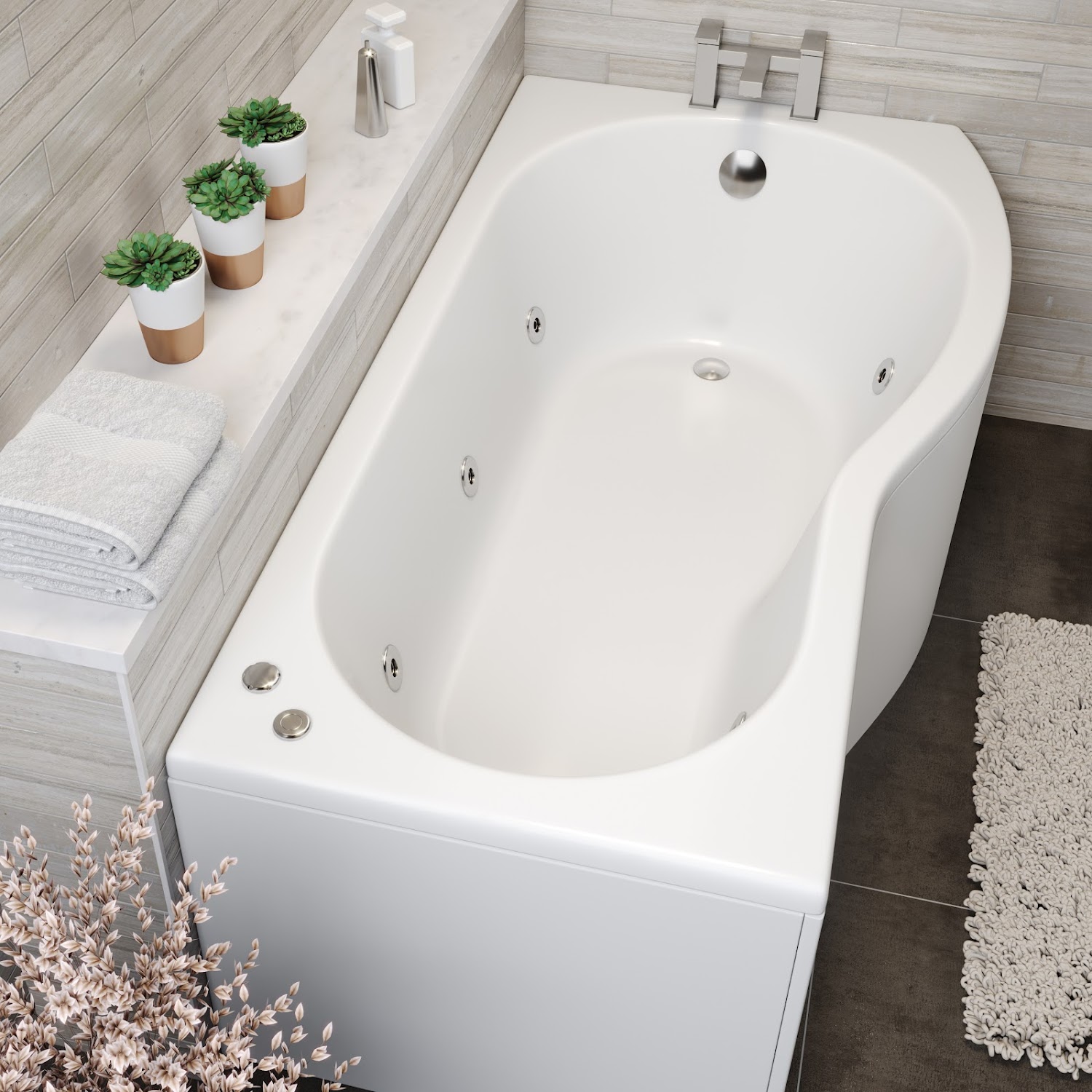 P Shape Whirlpool 1700 x 900mm RH Jacuzzi Bath Vitura 6 Jets Screen