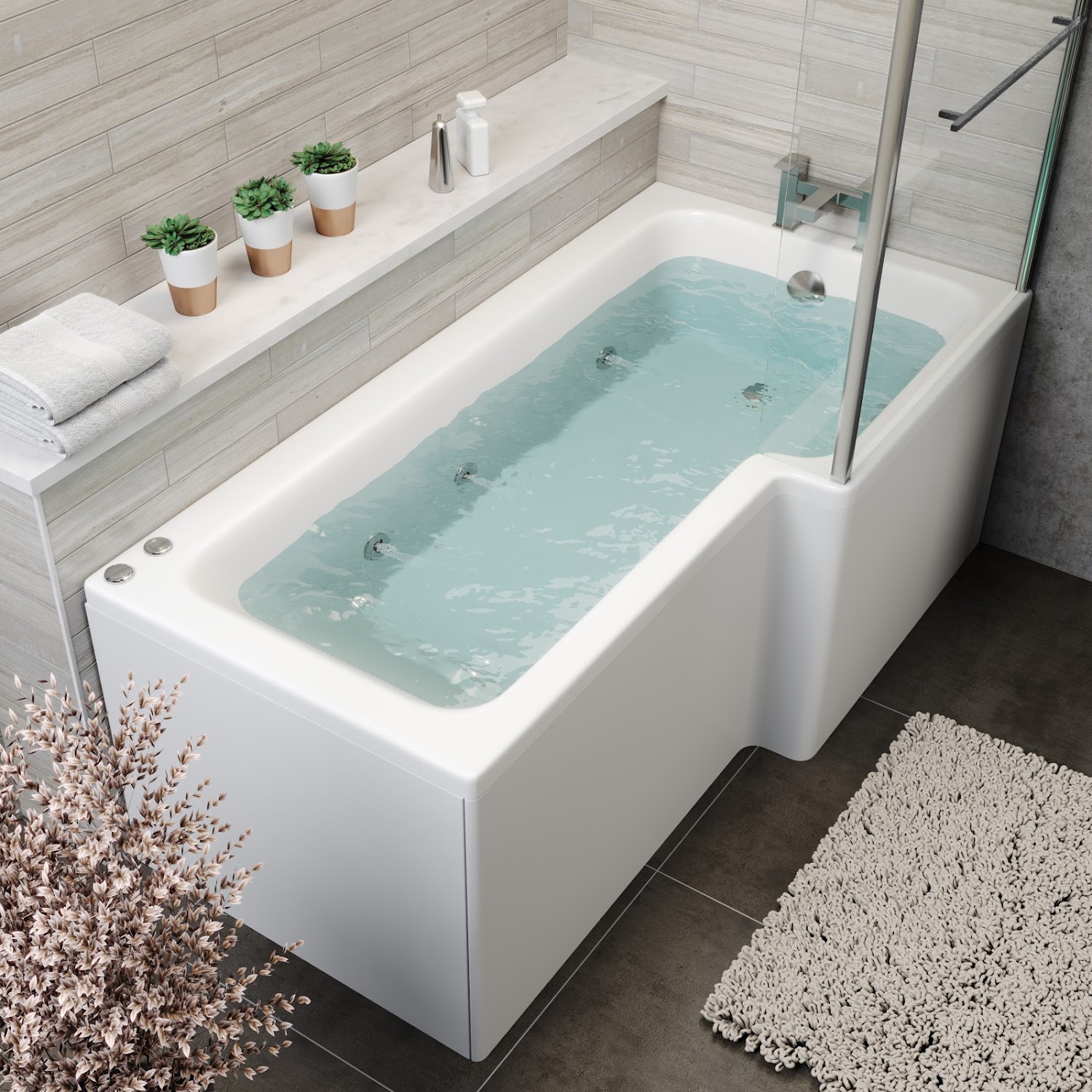 L Shape 1700 x 850mm RH Whirlpool Jacuzzi Bath Vitura 6 Jets Screen
